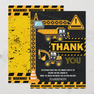 Under Construction Excavator Birthday Thank You Card