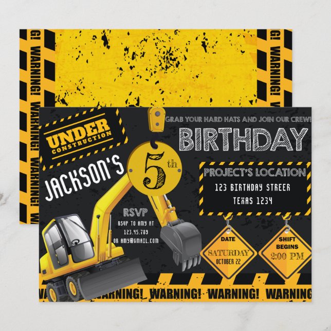 Under Construction Excavator Black Yellow Birthday Invitation (Front/Back)