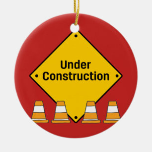 Under Construction with Cones with Name Ceramic Tree Decoration