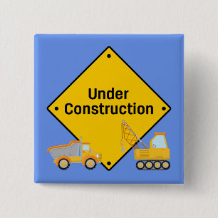 Under Construction with Trucks 15 Cm Square Badge