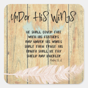 Under His Wings Quote with Feather & Bible Verse Square Sticker