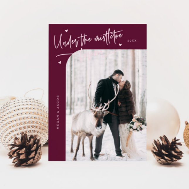 Under Mistletoe Forever Newlywed Photo Cranberry Holiday Card (Creator Uploaded)