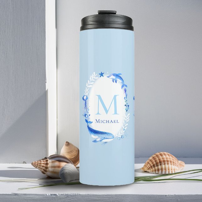 Under Sea Animals Nautical Beach Gift Personalised Thermal Tumbler (beach house tumbler personalized monogram sea animals whale dolphin blue nautical ocean grandchild )