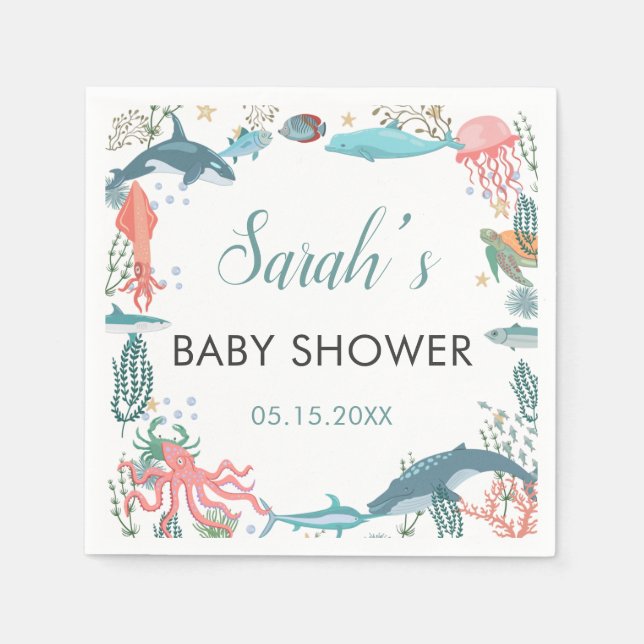 Under Sea Cute Ocean Animals Baby Shower RSVP Napkin (Front)