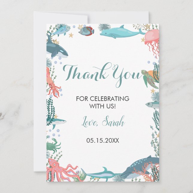 Under Sea Cute Ocean Animals Baby Shower RSVP Thank You Card (Front)