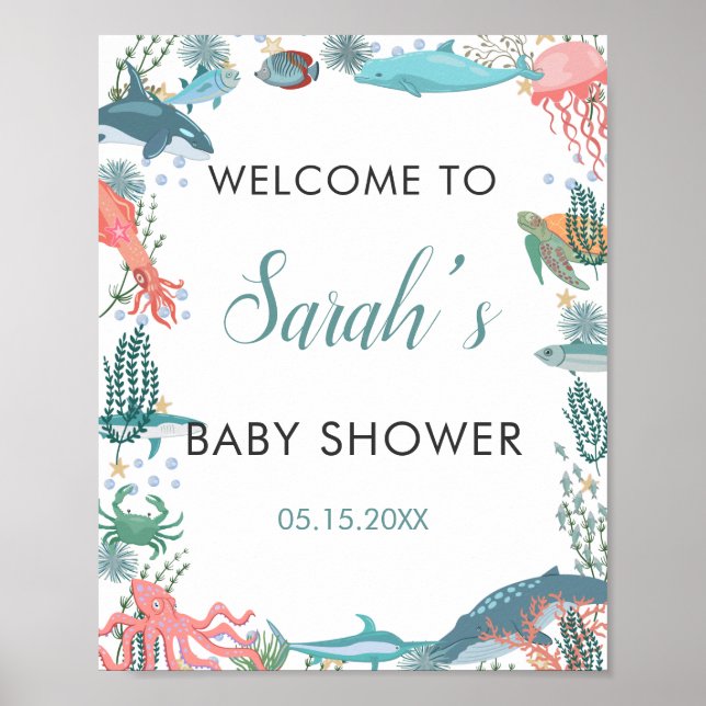 Under Sea Cute Ocean Baby Shower RSVP Welcome Poster (Front)