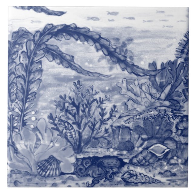 Under Sea Dark Blue Ocean Scene Octopus Mural Pc#5 Tile (Front)