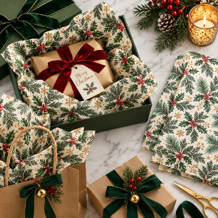 Under the Evergreen Holly Berry & Gold Christmas Tissue Paper