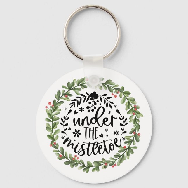 Under the Mistletoe Watercolor Wreath Key Ring (Front)