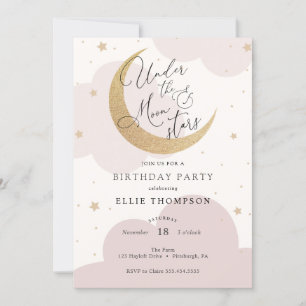 Under the Moon and Stars Pink Sleepover Birthday Invitation