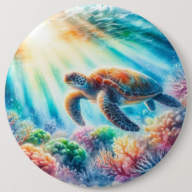 Under the ocean sea turtle 6 cm round badge (Front)