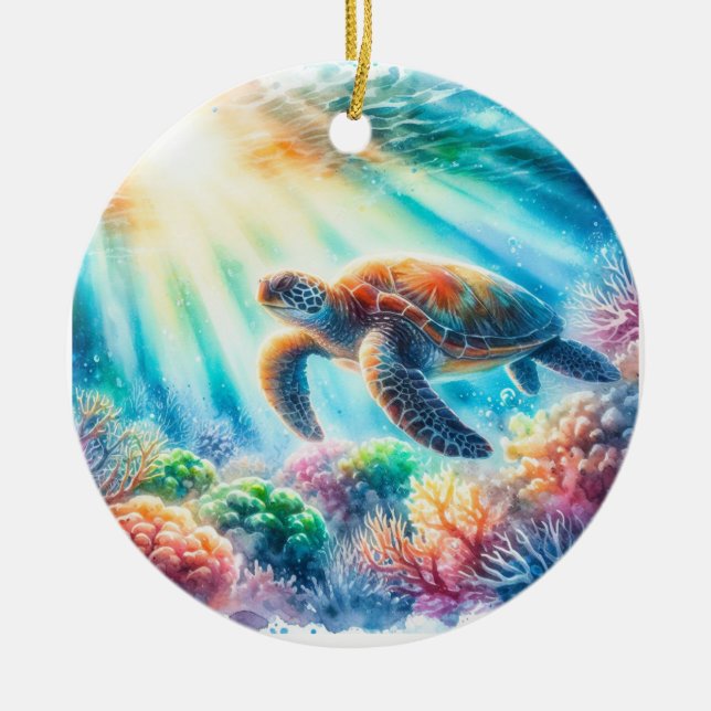 Under the ocean sea turtle ceramic tree decoration (Front)