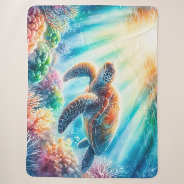 Under the ocean sea turtle sherpa blanket (Front)
