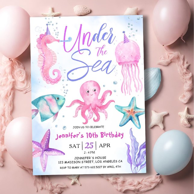 Under The Sea! 10th Birthday Girl Pink Ocean Invitation (Creator Uploaded)