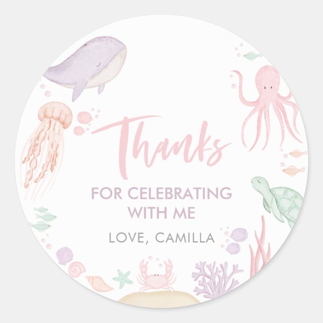 Under The Sea 1st Birthday Thank You Girl Classic Round Sticker (Front)