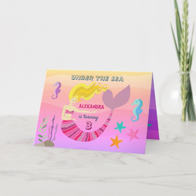 Under The Sea 3rd Birthday Pink Purple Mermaid Invitation (Front)