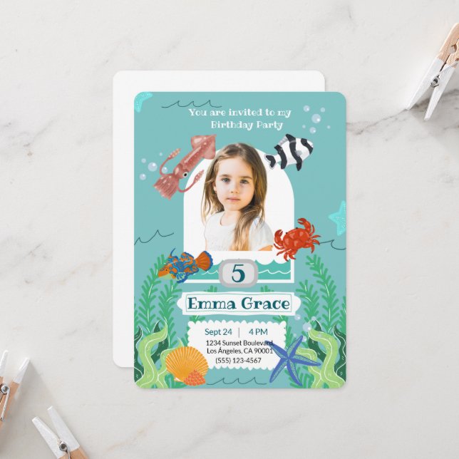 Under the Sea 5th Birthday Invitation with Photo  (Front/Back In Situ)