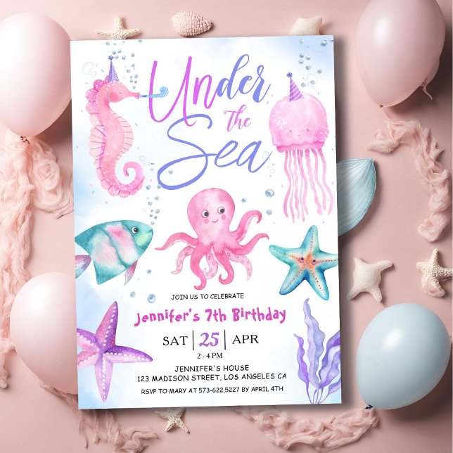 Under The Sea! 7th Birthday Girl Pink Ocean Invitation (Creator Uploaded)