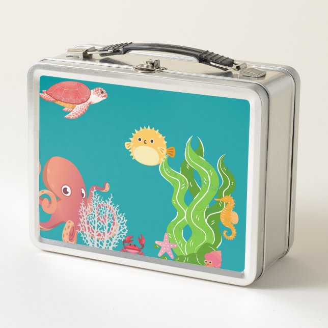 Under the sea adventure box, octopus, sea horse metal lunch box (Front)