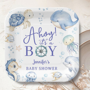 Under The Sea Ahoy It's A Boy Ocean Baby Shower Paper Plate