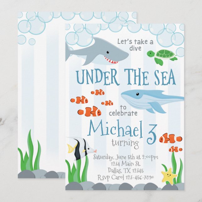Under the Sea Animal Birthday Party Invitation (Front/Back)