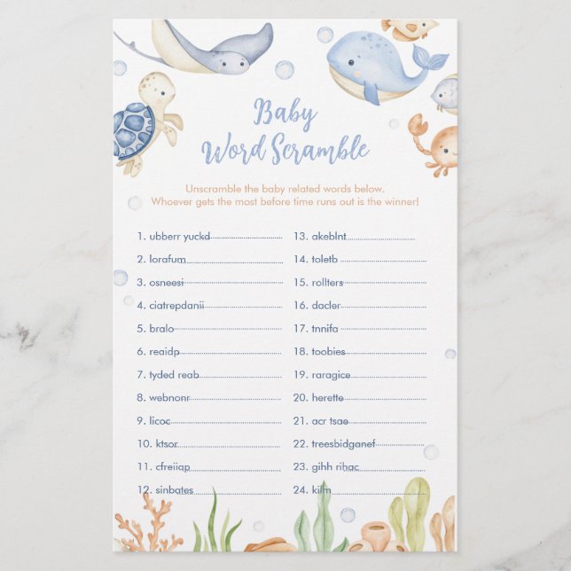 Under the sea animals Baby Shower Word Scramble (Front)