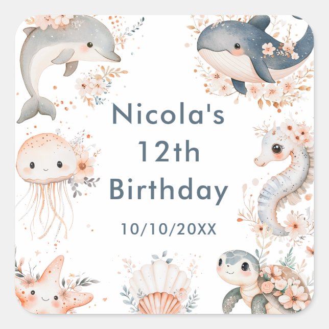 Under The Sea Animals Birthday Party Square Sticker (Front)