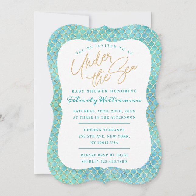 Under The Sea Aqua Blue Mermaid Scales Baby Shower Invitation (Front)