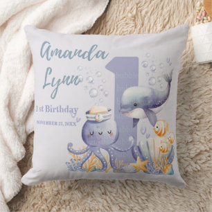 Under the Sea Baby Girl 1st Birthday Throw Pillow