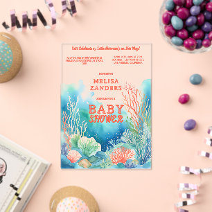 Under the Sea Baby Girl Cute Watercolor Coral Acrylic Invitations
