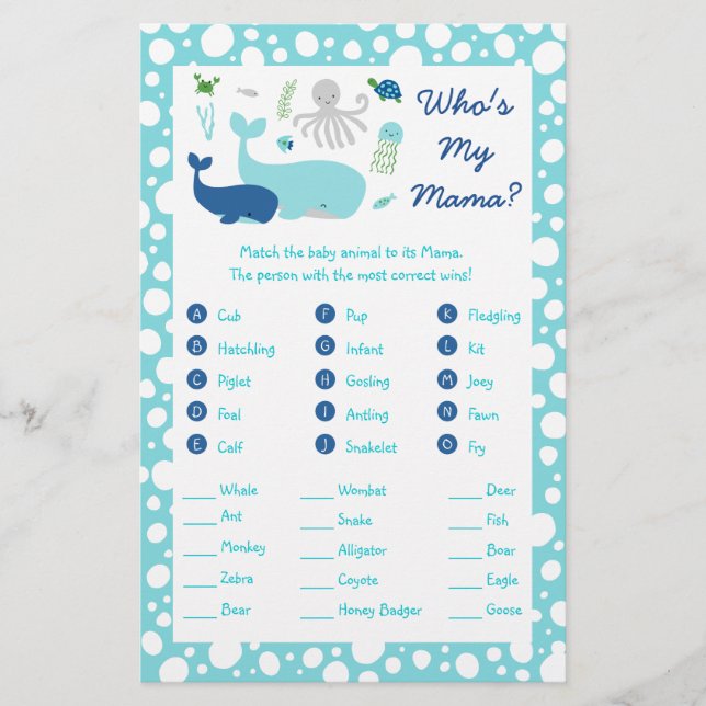 Under The Sea Baby Shower Animal Match Game Flyer (Front)