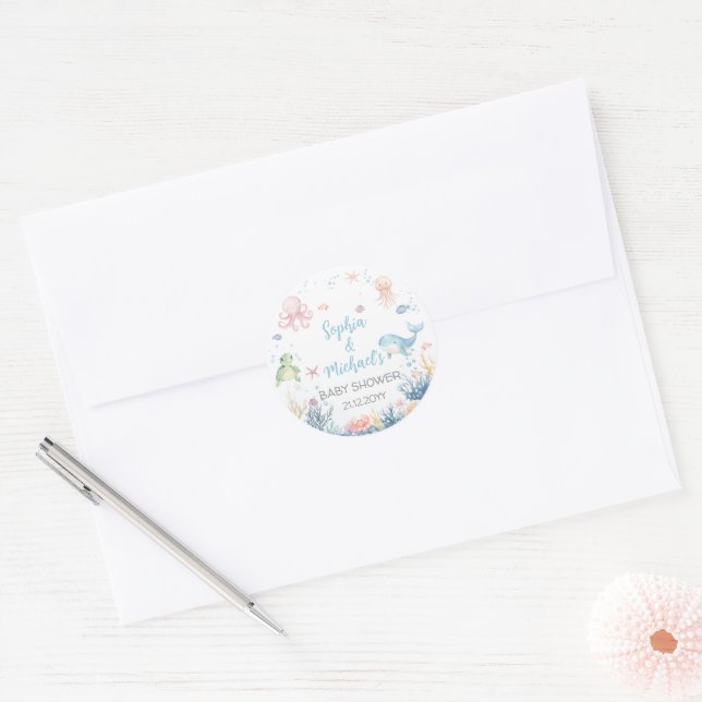 Under the Sea baby shower cupcake topper Classic Round Sticker (Envelope)