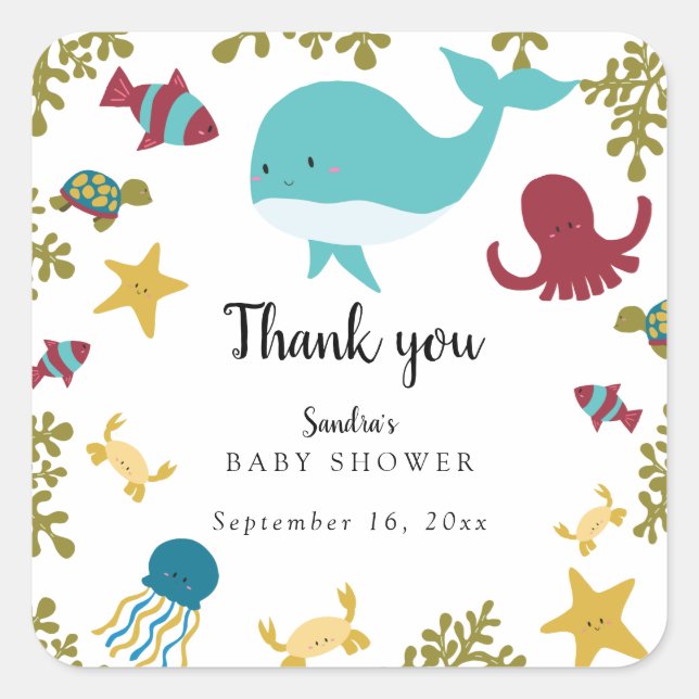 Under the Sea Baby Shower Cute Kawaii Thank you  S Square Sticker (Front)