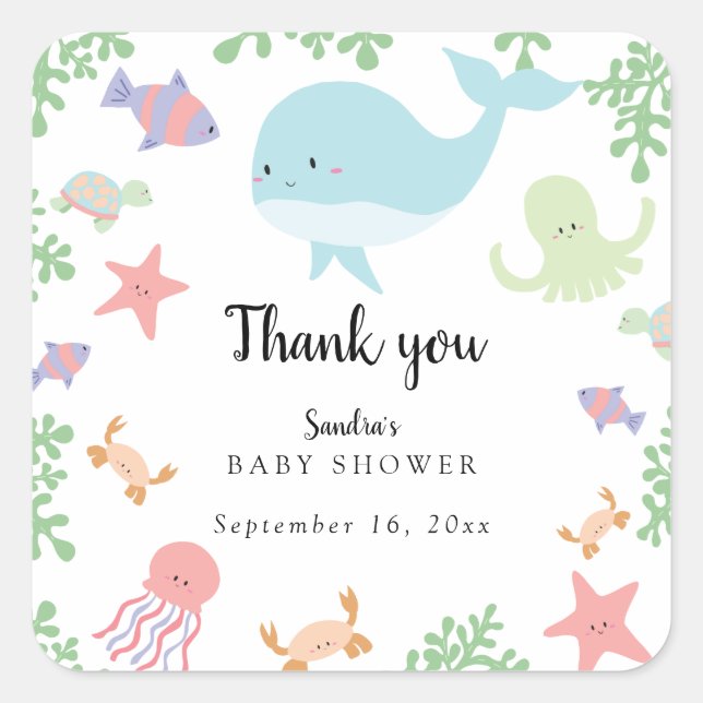 Under the Sea Baby Shower Cute Kawaii Thank you  Square Sticker (Front)