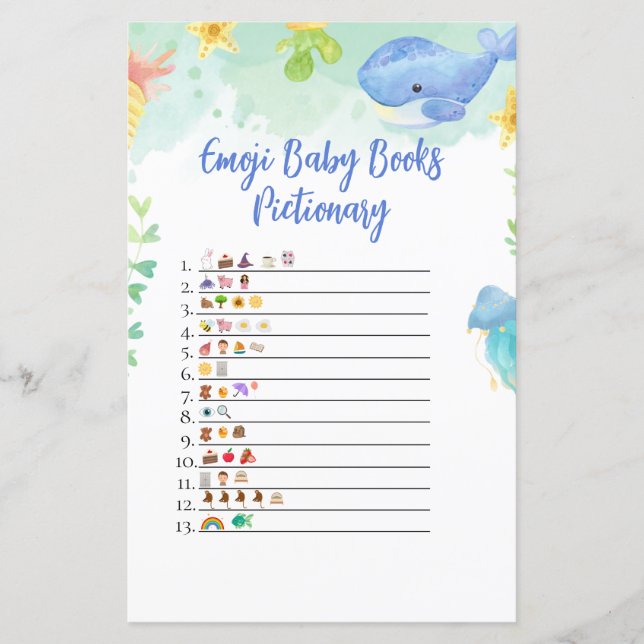 Under the Sea Baby Shower Game Emoji Pictionary (Front)