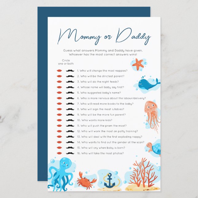 Under the Sea Baby Shower Guess Who Mummy or Daddy (Front/Back)