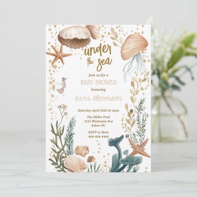 Under the sea baby shower seashell fish baby  invitation (Standing Front)