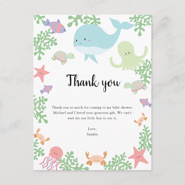 Under the Sea Baby Shower Thank you Kawaii Pastel Postcard (Front)