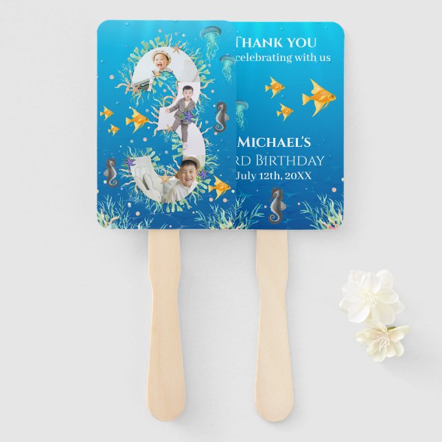 Under The Sea Big 3rd Birthday Photo Collage Hand Fan (Front and Back)