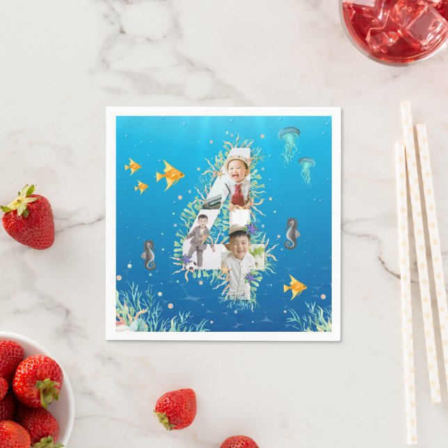Under The Sea Big 4th Birthday Photo Collage Napkin (Insitu)