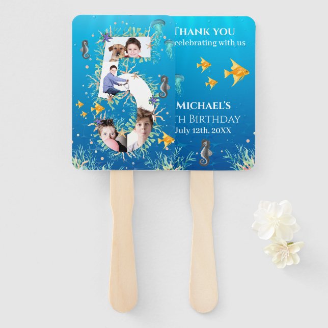 Under The Sea Big 5th Birthday Photo Collage Hand Fan (Front and Back)