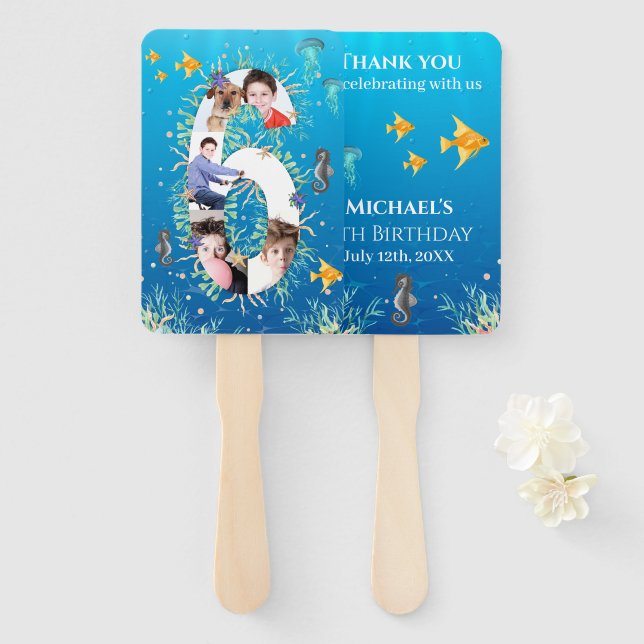 Under The Sea Big 6th Birthday Photo Collage Hand Fan (Front and Back)