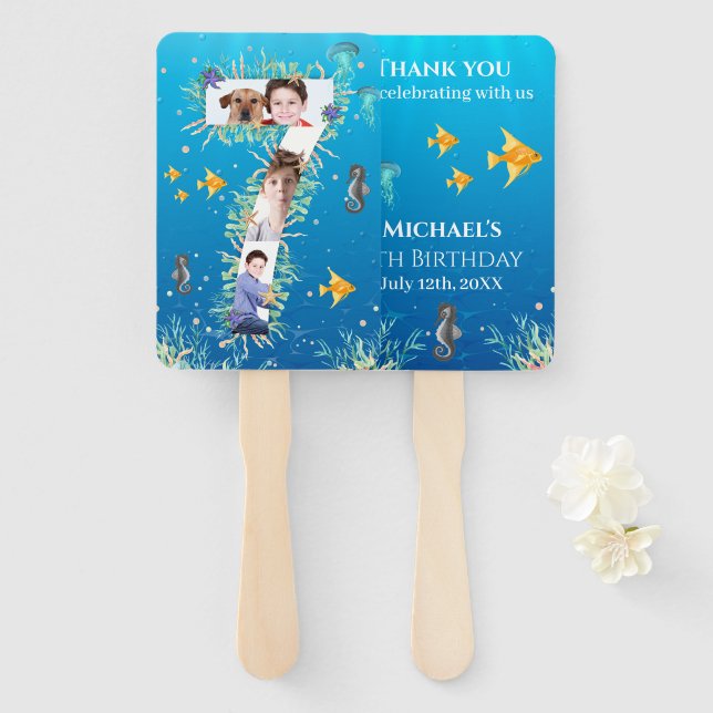 Under The Sea Big 7th Birthday Photo Collage Hand Fan (Front and Back)