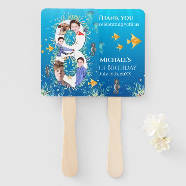 Under The Sea Big 8th Birthday Photo Collage Hand Fan (Front and Back)