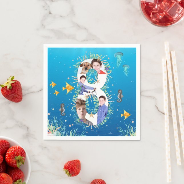 Under The Sea Big 8th Birthday Photo Collage Napkin (Insitu)