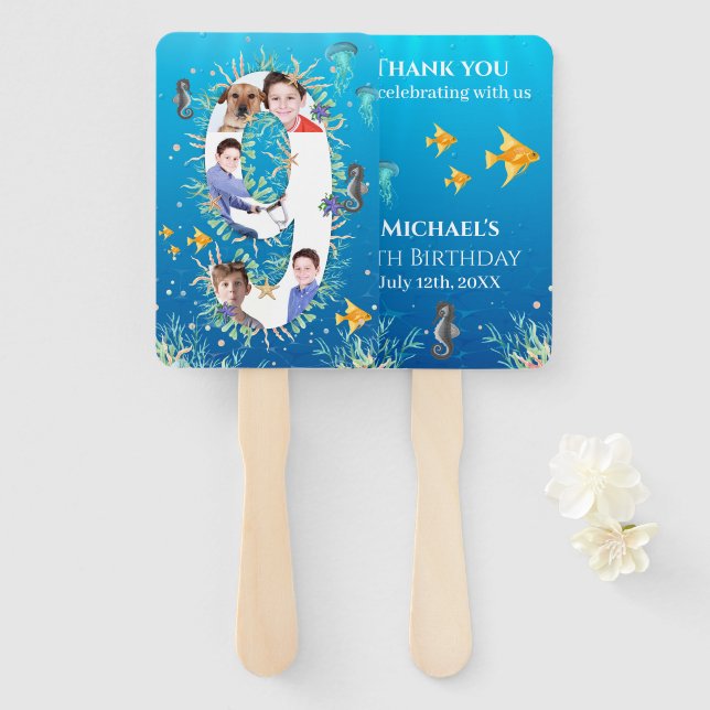 Under The Sea Big 9th Birthday Photo Collage Hand Fan (Front and Back)