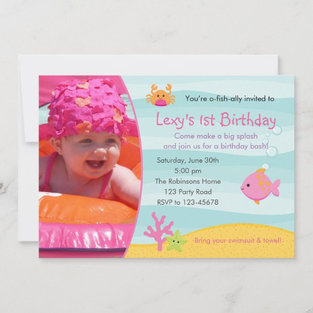 Under The Sea Birthday Invitation Girls with Photo (Front)