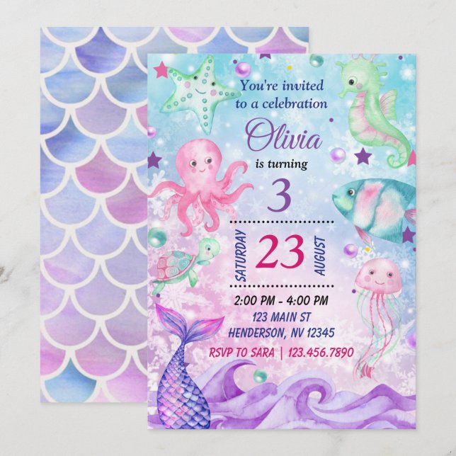 Under the Sea Birthday Invitation, Mermaid Invite (Front/Back)