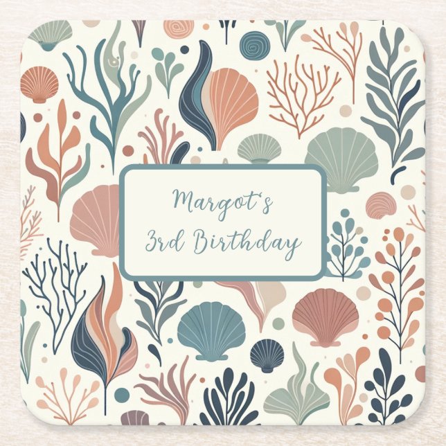 Under the Sea Birthday, Ocean Whispers Custom Square Paper Coaster (Front)