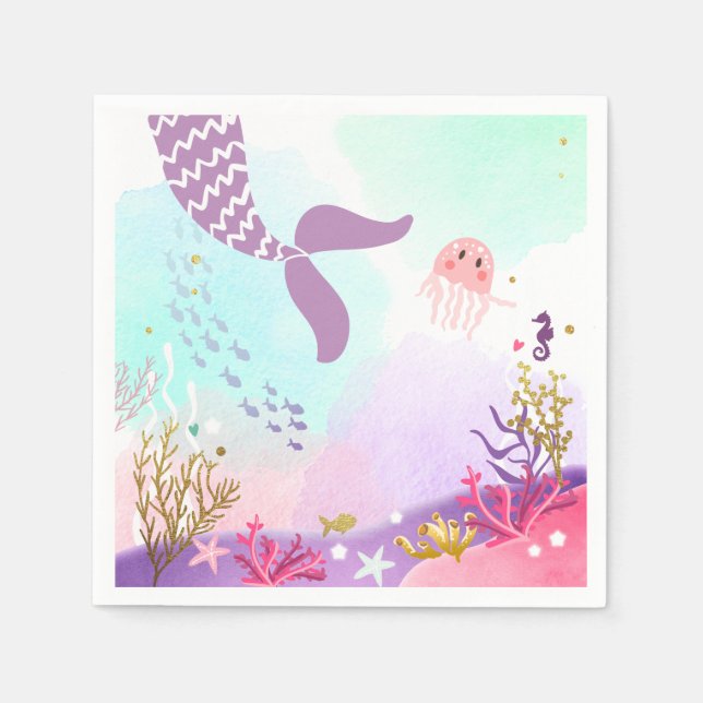 Under the Sea Birthday Paper Napkin Mermaid Pink (Front)